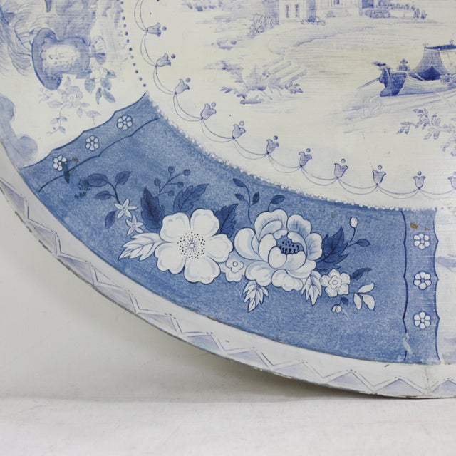 Vintage Blue and White Tole Tray - Hand Painted Chinoiserie Landscape and Floral Oval Serving Tray For Sale - Image 13 of 16