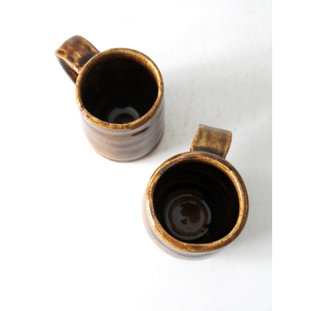 Brown Vintage Rustic Handmade Pottery Mug Pair For Sale - Image 8 of 10