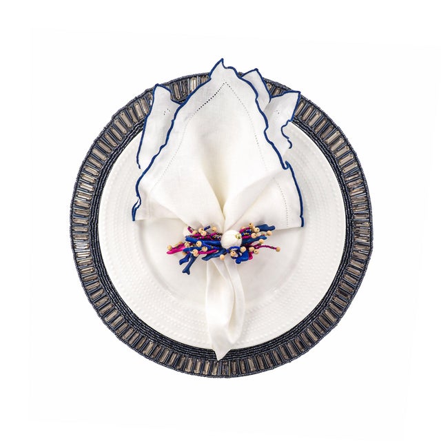 Linen Napkins With Navy Ruffled Hemstitch Edges, Set of 4 For Sale - Image 4 of 5