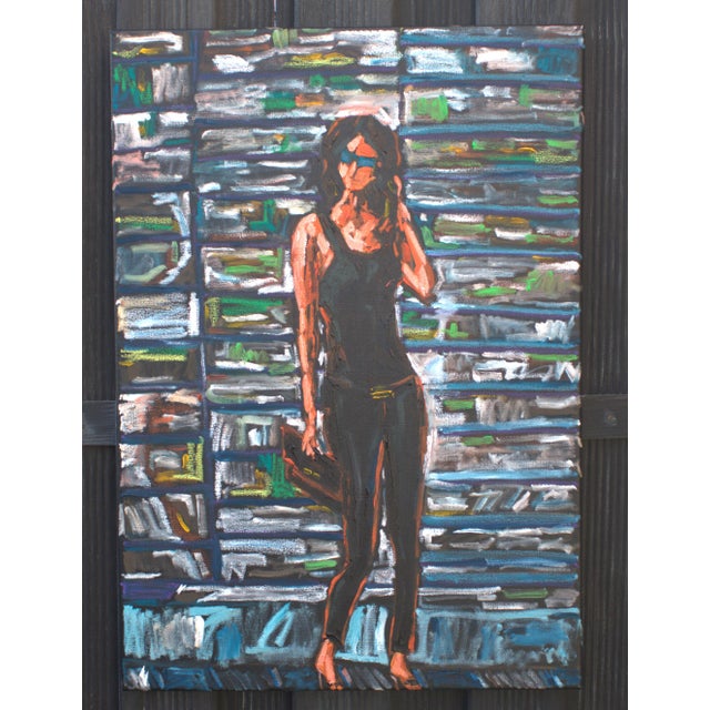 The figure of a woman in motion against a backdrop of a dense, almost architectural mosaic of color—a metaphor for the...