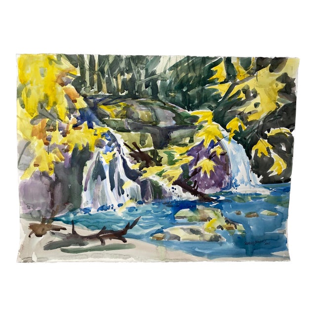 Late 20th Century Forest Landscape with Waterfall Watercolor Painting by Sanford Brooks For Sale