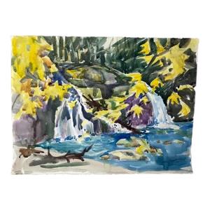 Late 20th Century Forest Landscape with Waterfall Watercolor Painting by Sanford Brooks