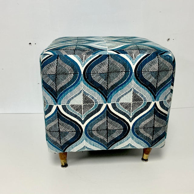 Cerulean 1960s Mid-Century Modern Boho Chic Abstract Low Stool or Bench, Newly Upholstered. For Sale - Image 8 of 9