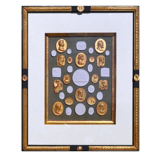 Late 20th Century Neoclassical Revival Parcel Gilt and Painted Shadow Box Frame With Grand Tour Gilded & Plaster Intaglio Set For Sale - Image 5 of 11