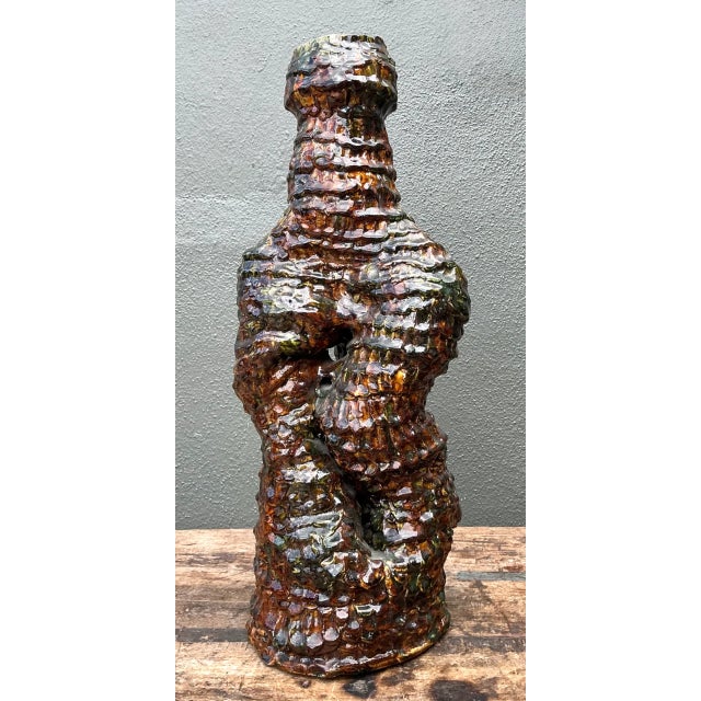 Coffee Vintage Sculptural Textured Ceramic Vase For Sale - Image 8 of 12