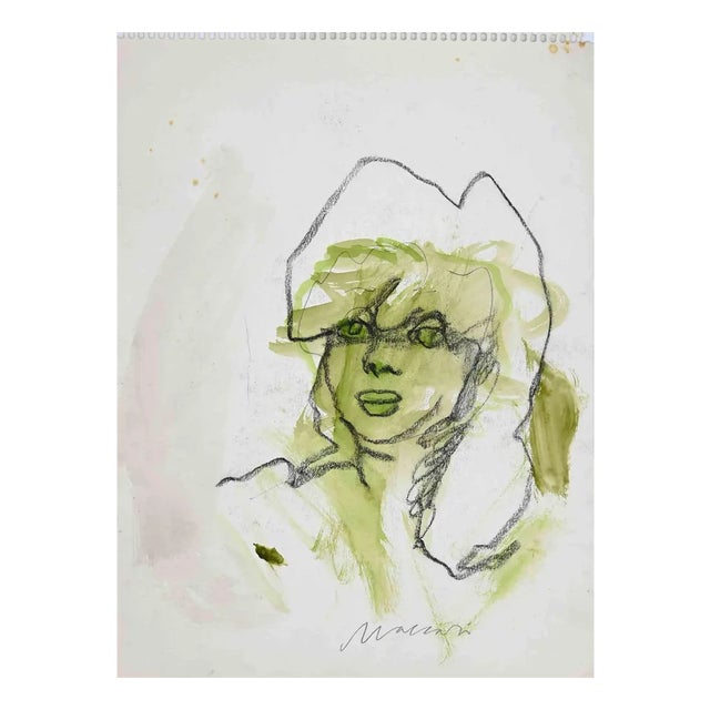 Mino Maccari, Portrait, Watercolor and Charcoal, Mid-20th-Century For Sale