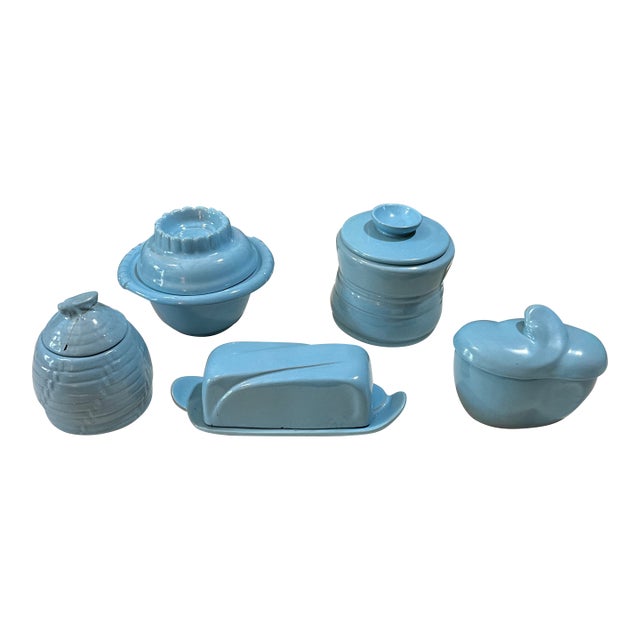 1970s Instant Collection of Blue Ceramic Jars and Dishes With Lids- Set of 5 For Sale