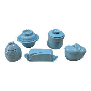 1970s Instant Collection of Blue Ceramic Jars and Dishes With Lids- Set of 5