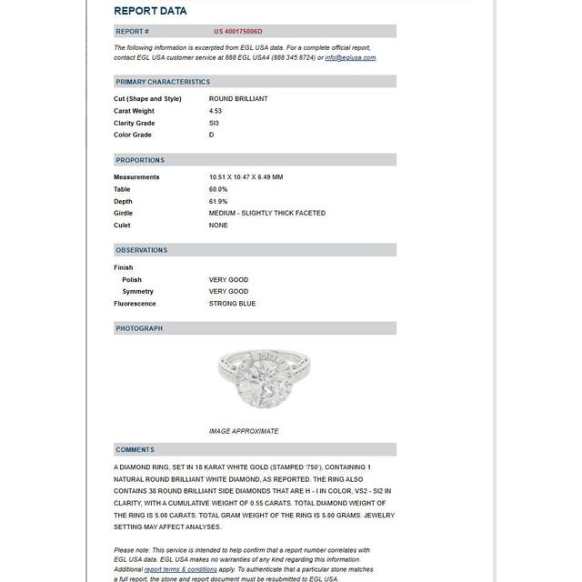 2020s 4.53 Carat Round Cut Diamond 18k White Floral Halo Engagement Ring For Sale - Image 5 of 5
