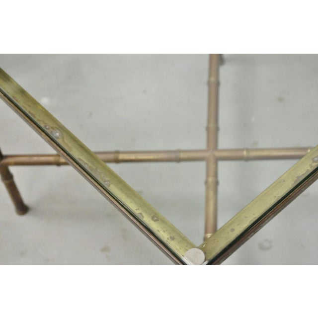 Vintage Hollywood Regency Brass Faux Bamboo Square Glass Top Low Side Table For Sale In Philadelphia - Image 6 of 15