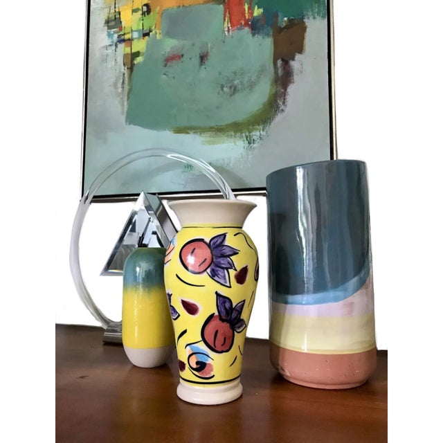 Postmodern Signed Post Modern 1990s Yellow Floral Abstract Vase Art Studio Pottery For Sale - Image 3 of 7