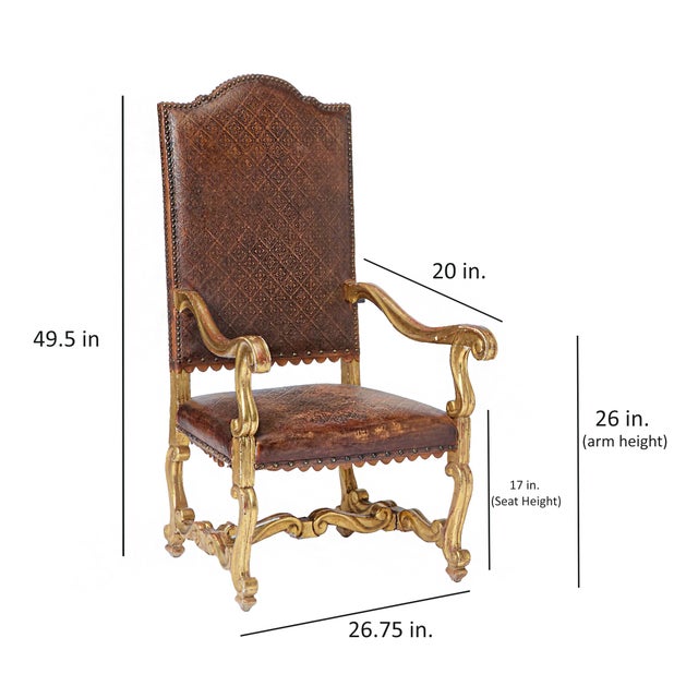 Pair of Louis XIV Armchairs in Tooled Leather and Gilt Wood, Late 18th C. For Sale - Image 17 of 18