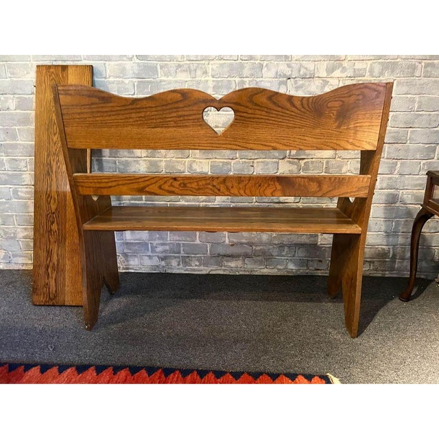 Wood Vintage Early American Primitive Oak Bench With a Heart Carved in the Backrest For Sale - Image 7 of 7