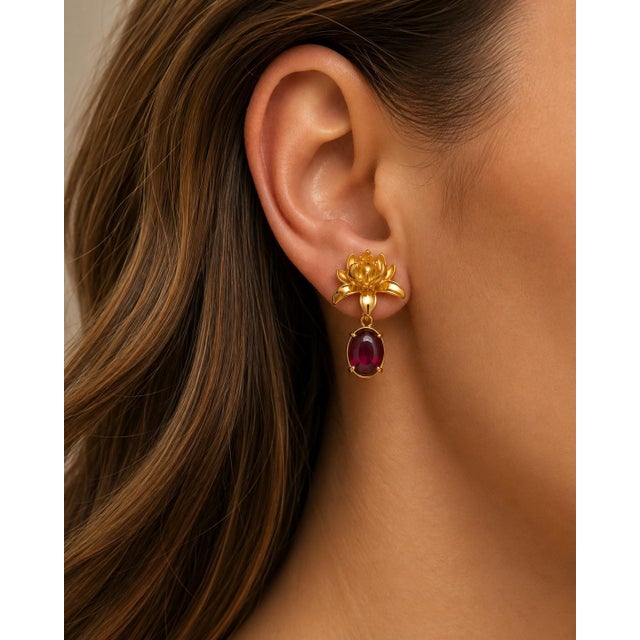 Metal Lotus Garnet Drop Earrings, Pair For Sale - Image 7 of 7