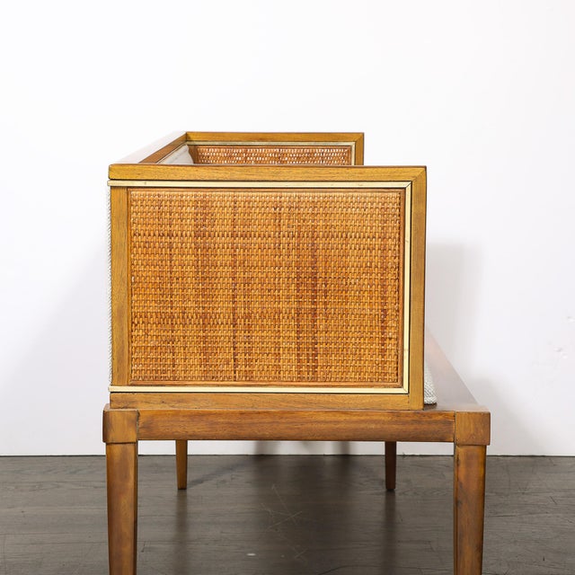 Mid-Century Brass Lined Walnut Settee W/ Cane Detailing & Holly Hunt Upholstery For Sale - Image 14 of 18