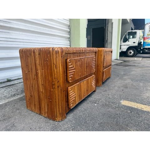 Asian Pair of 70's Watterfall Rattan Nightstands Manner of Gabriella Crespi - A Pair For Sale - Image 3 of 9