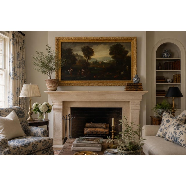 A large mid-20th-century oil-on-burlap canvas landscape painted in the Romantic European tradition. A dark, atmospheric...