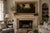 A large mid-20th-century oil-on-burlap canvas landscape painted in the Romantic European tradition. A dark, atmospheric...