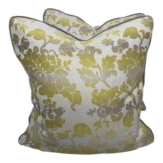 Yellow and Gray Embroidered Floral Print Pillows - Pair For Sale