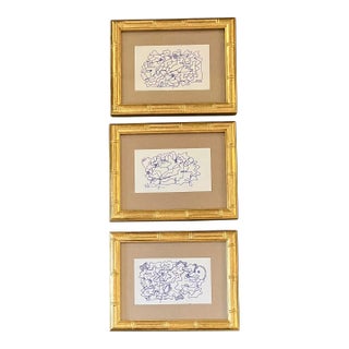 1980’s Original Small Wayne Cunningham Abstract Ink Drawings Faux Bamboo Tabletop Frames-Set of 3 For Sale