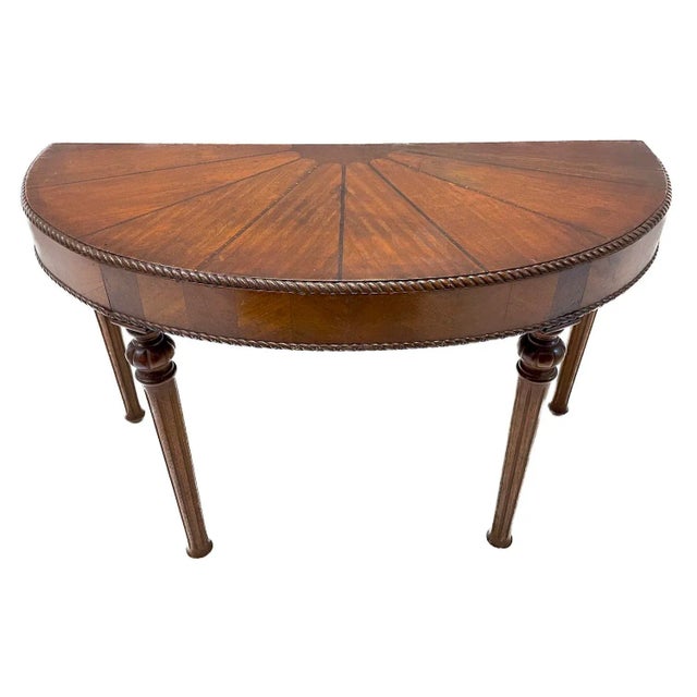 Vintage demi-lune inlaid console table with sunburst style inlay ray design radiating from the back side center and...