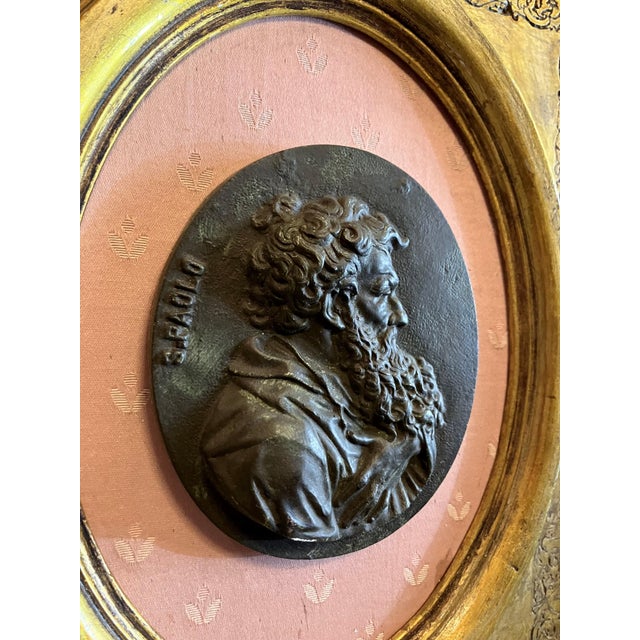 Gesso Medallions of Saints Peter and Paul in Gilded Oval Frames with Silk Panels, 1890s For Sale - Image 3 of 18