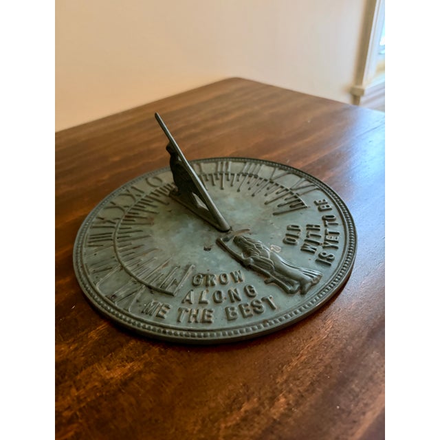Virginia Metalcrafters Vintage English Country Iron Verdigris Garden Sundial "Grow Old Along With Me" For Sale - Image 4 of 9