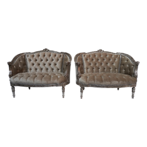 1930s French Carved Silver Gilt Velvet Tufted Settees, Pair