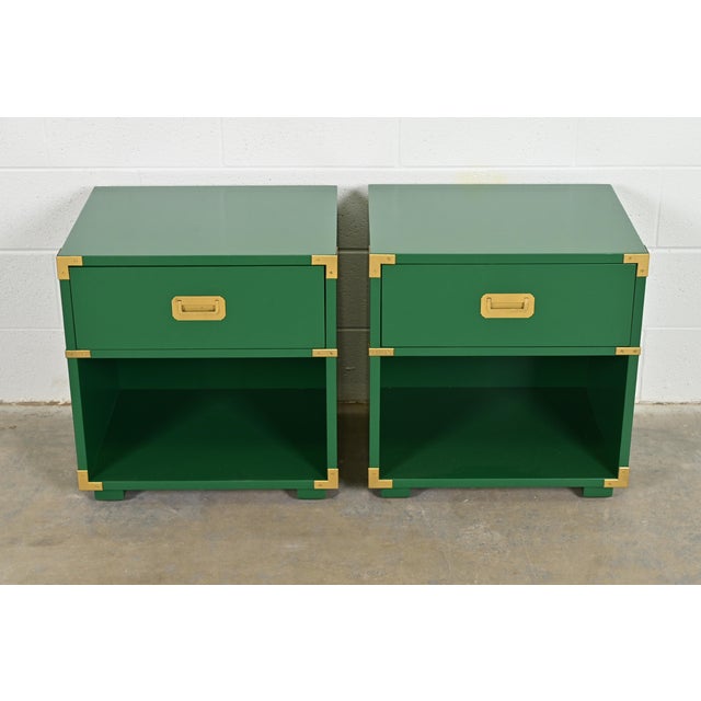 A gorgeous pair of mid-century modern Hollywood Regency Campaign style nightstands By Henredon USA, Circa 1970s Green...