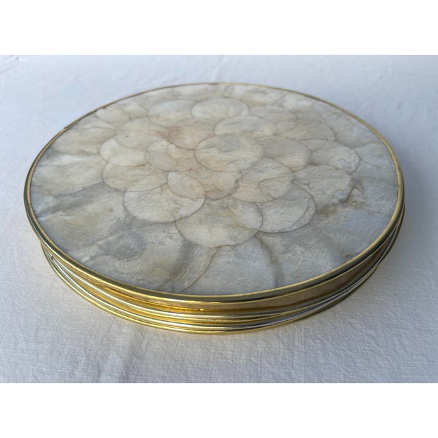 Mid-Century Modern Mid 20th Century Natural Capiz Shell and Cork Round Placemat Chargers With Brass Rims - Set of 6 For Sale - Image 3 of 12