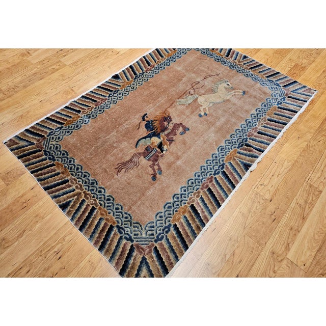 Chinese Vintage Chinese Pictorial Area Rug, Handwoven Wool on Cotton, Tan & Blue, 4' x 6' For Sale - Image 3 of 13