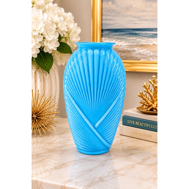1980s Vintage Sculptural Blue Art Glass Ribbed Swirl Vase Anchor Hocking Mid-Century Modern Art Deco For Sale - Image 5 of 5