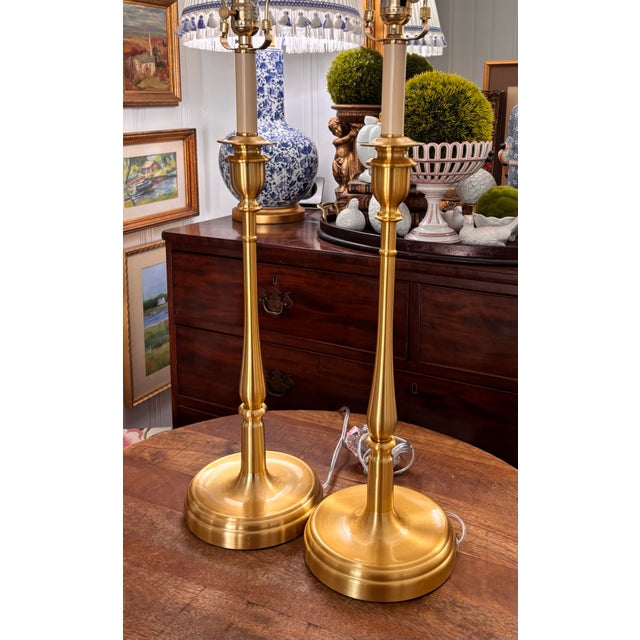 Ralph Lauren Contemporary Ralph Lauren Brushed Gold Tall Buffet Lamps With Off White Silk Shades, a Pair For Sale - Image 4 of 9