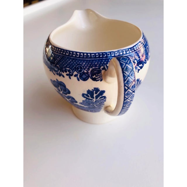 Vintage blue and white " blue willow" Pattern small pitcher , creamer 5"L X 3.5"D X 3.25"H , Makers mark reads " Alfred...