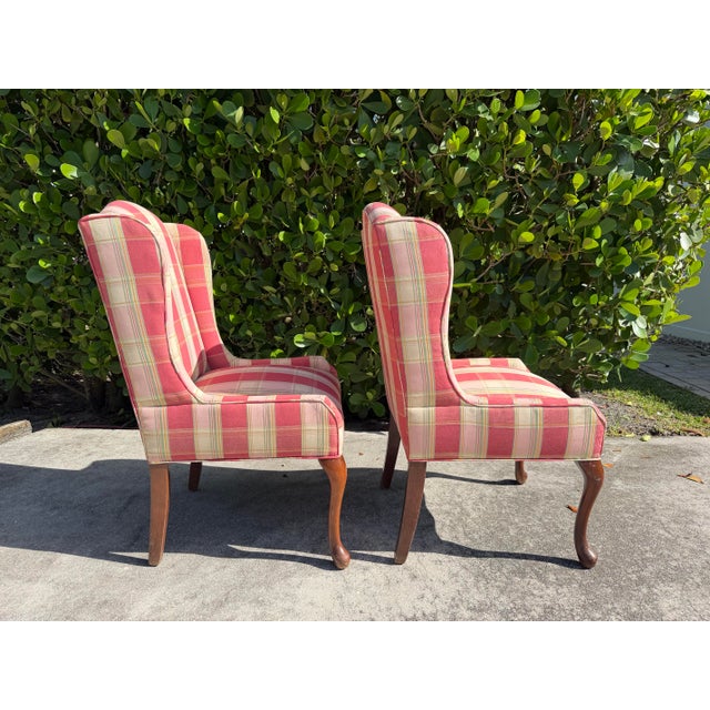 Dark Pink Vintage English-Style Wingback Host Dining Chairs With Cabriole Legs, Pair For Sale - Image 8 of 16