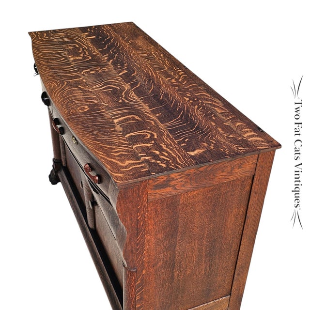 Antique Buffet | American Empire Server | Tiger Oak Sideboard With Carved Lion Paw Feet | Ogee Scroll Drawer | C1890-1915 | 54" Wide For Sale - Image 16 of 18