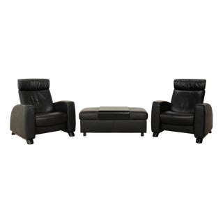 Arion Armchairs and Ottoman in Black Leather from Stressless, Set of 3 For Sale