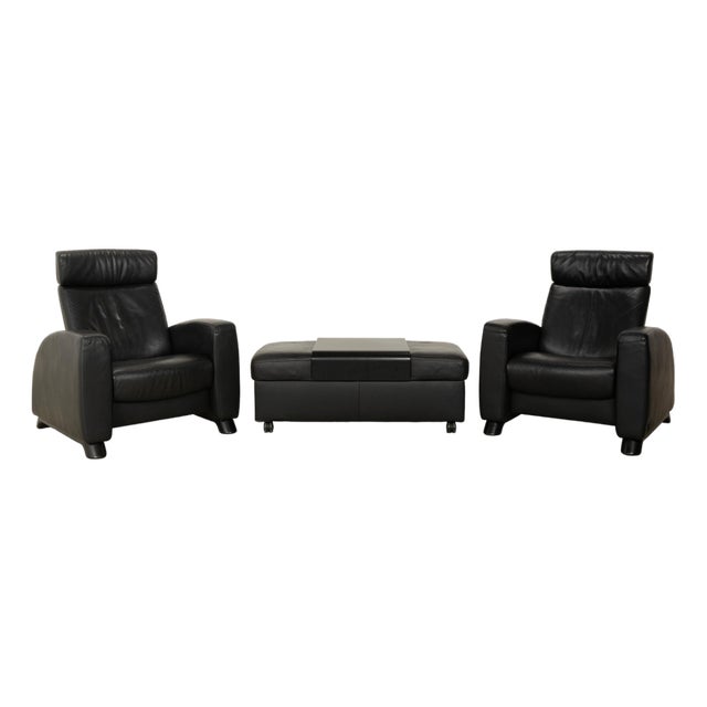 Arion Armchairs and Ottoman in Black Leather from Stressless, Set of 3 For Sale