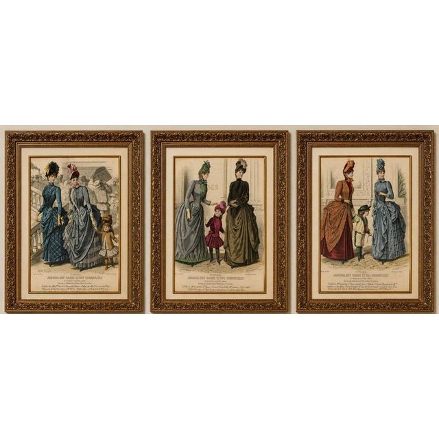 Set of 3 Antique French Fashion Plates, Paris Ladies & Children Scenes, c.1880 A lively and visually engaging set of three...