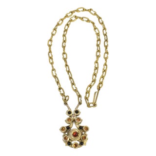 Henry Perichon Gilded Bronze Necklace with Jeweled Cabochons For Sale