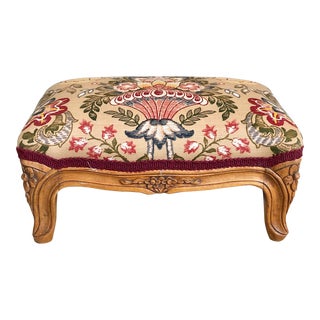 Antique Louis XV French Floral Upholstery Footstool For Sale