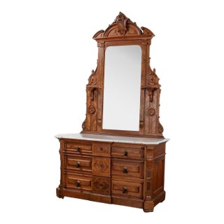 Antique Victorian Mirrored Dresser in Walnut & Burl Walnut With White Marble Top For Sale