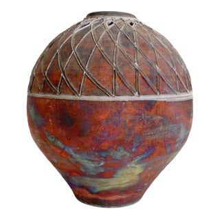 VTG Steve Ernt Raku Studio Art Pottery Signed Metallic Glaze 7" For Sale