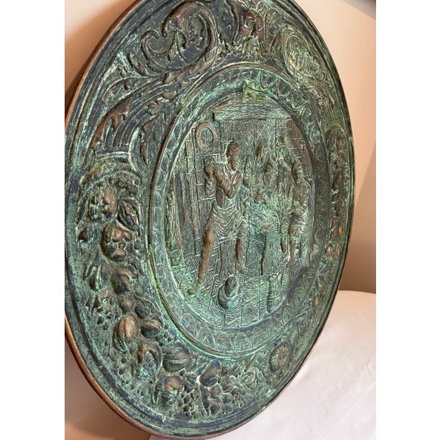 Rustic European Large 22.5” Antique Dutch Tavern Scene Copper Repoussé Wall Plaque / Charger Circa 1890’s For Sale - Image 3 of 12