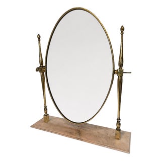 Vintage Brass Oval Vanity Mirror With Marble Base For Sale