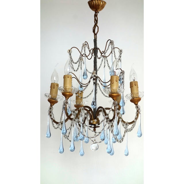Antique Gilded Metal Murano Glass Drop Six-Light Chandelier, 1930s For Sale - Image 6 of 14