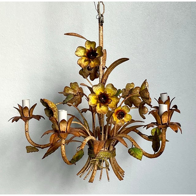 Vintage Boho Patinated Tole Chandelier For Sale - Image 10 of 12