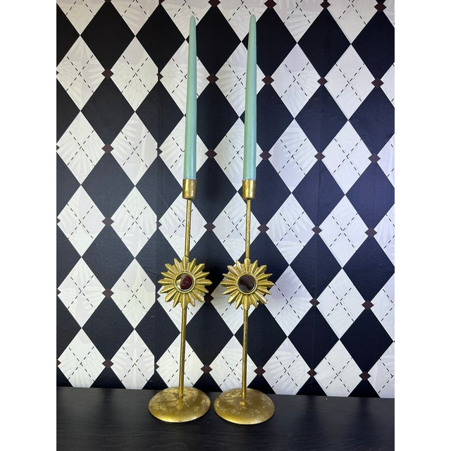 1990s Vintage Hollywood Regency Gilt Metal Sunburst Mirror Candlesticks, Pair For Sale - Image 5 of 13