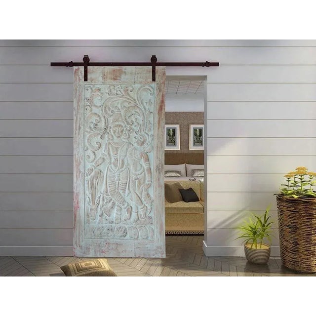 1920s Hand-Carved Radha Krishna Wall Art – Vintage Reclaimed Wood Sliding Barn Door 84x41 For Sale - Image 5 of 5