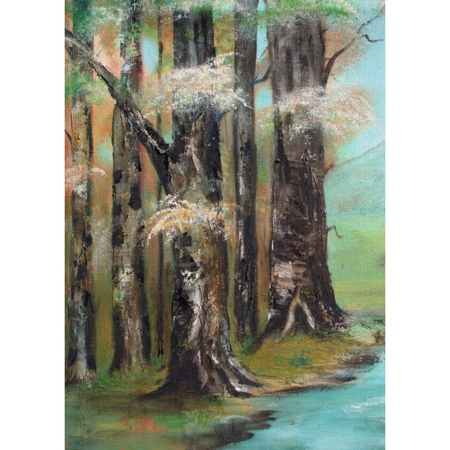 Beautiful mid-century landscape of sycamore trees along a stream in front of a distant mountain range by Alice Egge...